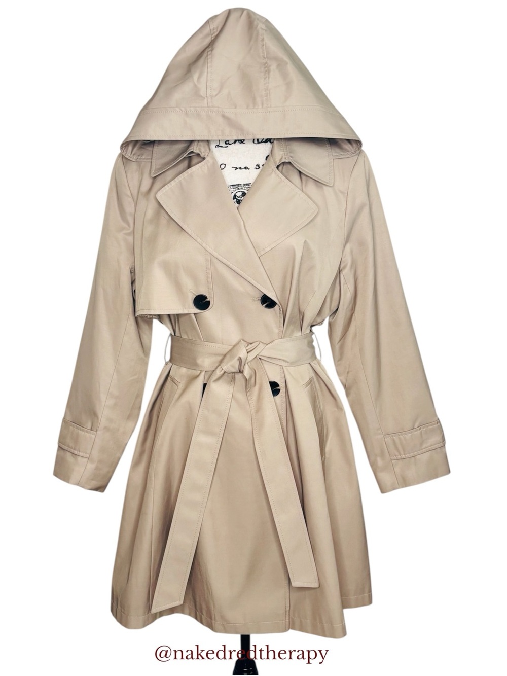 Halogen Double-Breasted Hooded Khaki/Sand Trench Coat with Waist Tie | Women XL